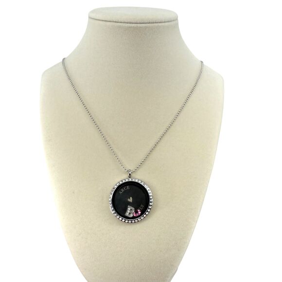 Origami Owl Hinged Locket Necklace 30" Crystal Face Inscription & 2 Charms READ - Picture 2 of 15